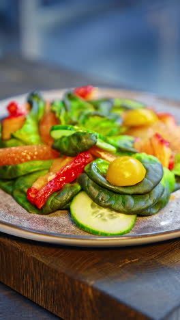 colorful vegetable salad on the plate. cook's hand puts the piece of tomato on the dish. close up. vertical video.