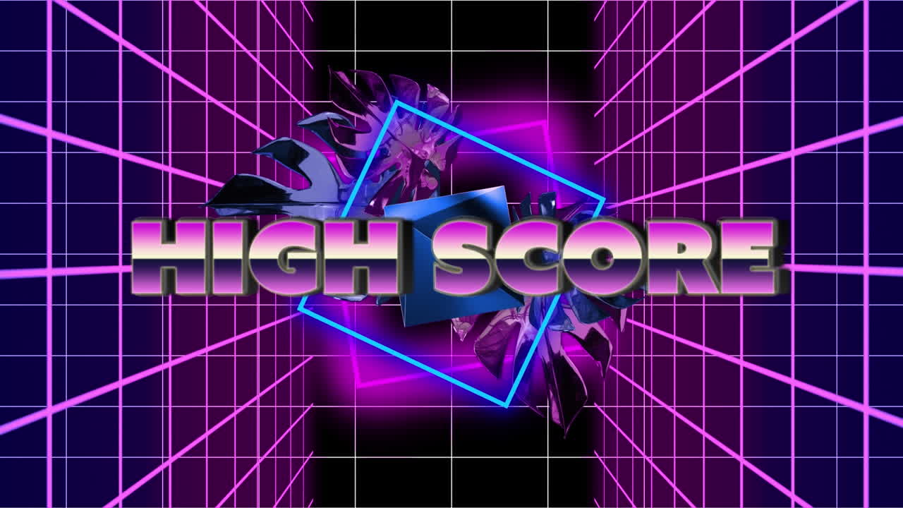 animación de interferencia y texto de alta puntuación sobre formas y líneas de neón sobre fondo negro