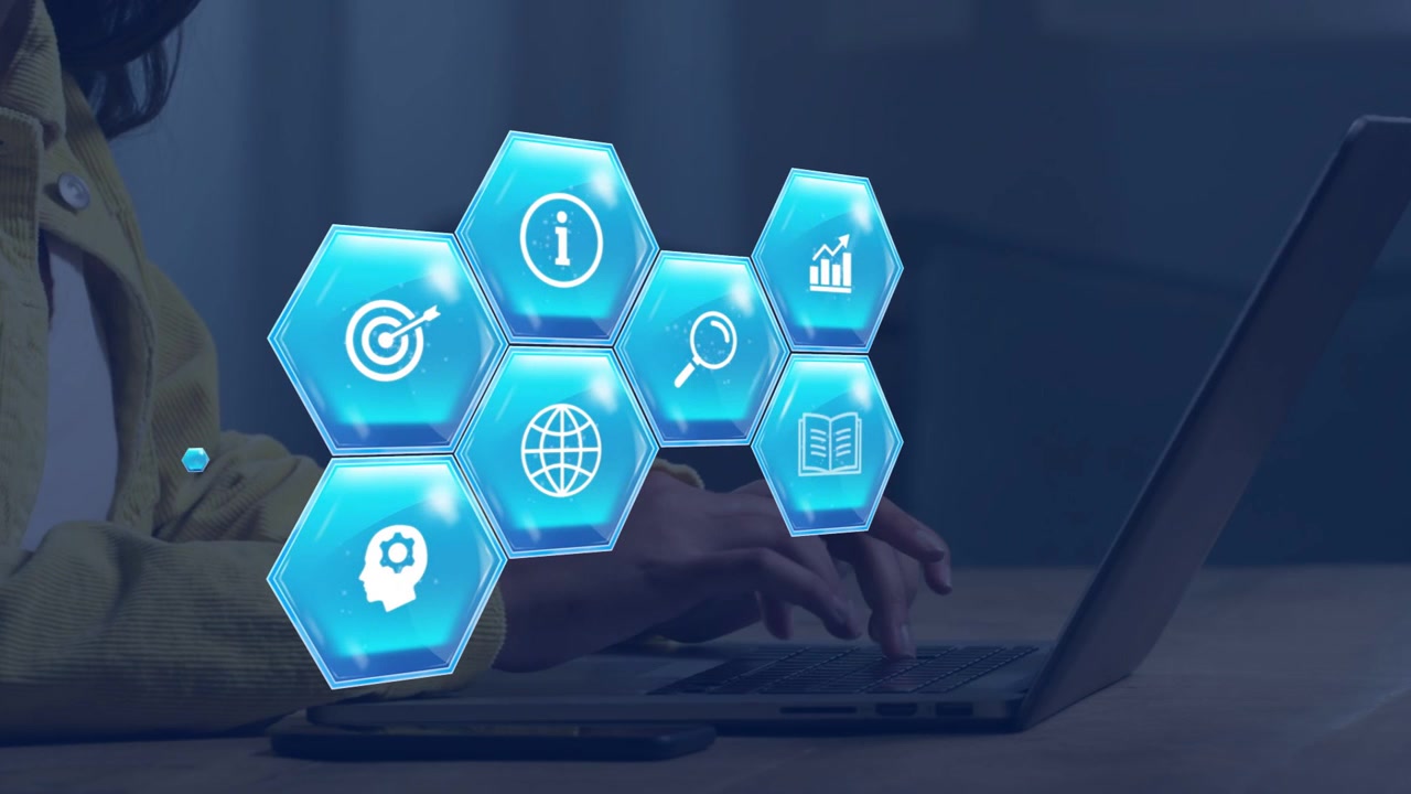 Woman tapping phone and typing, activating holo hex UI over keys showing learning icons and chart