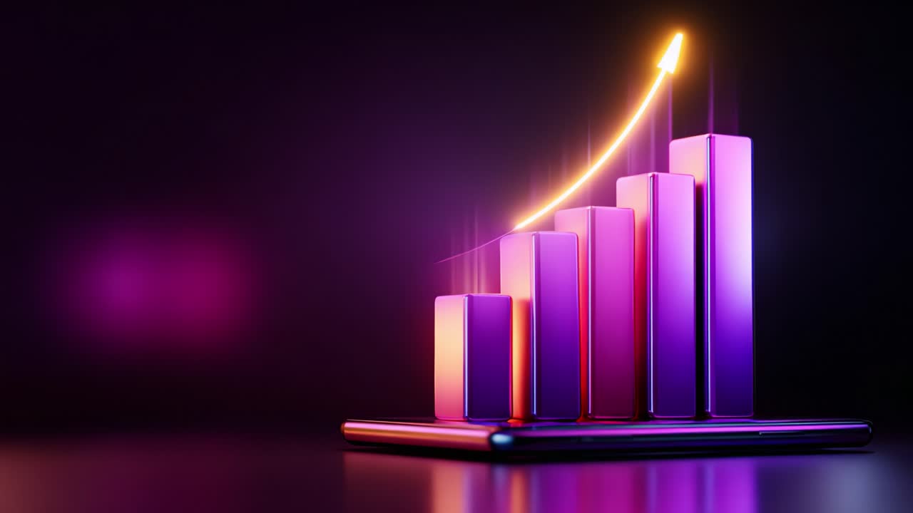 Dynamic Growth Visualization on Mobile Device: A Stunning Representation of Increasing Data Trends Showcasing Vibrant Bar Graphs and a Captivating Progress Line on a Smartphone Display