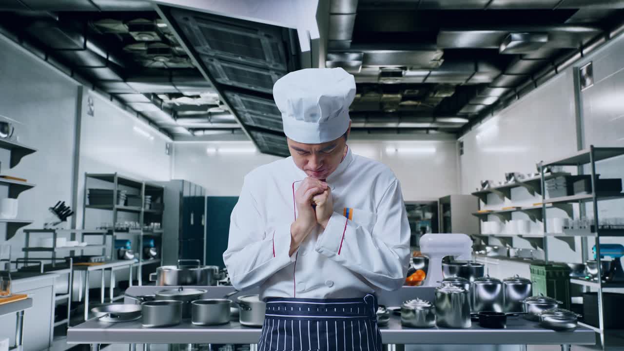 chef orando en una cocina moderna