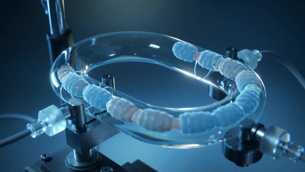 Mostrando um toro de vidro transparente fazendo as contas avançarem no sentido horário em uma bancada de laboratório