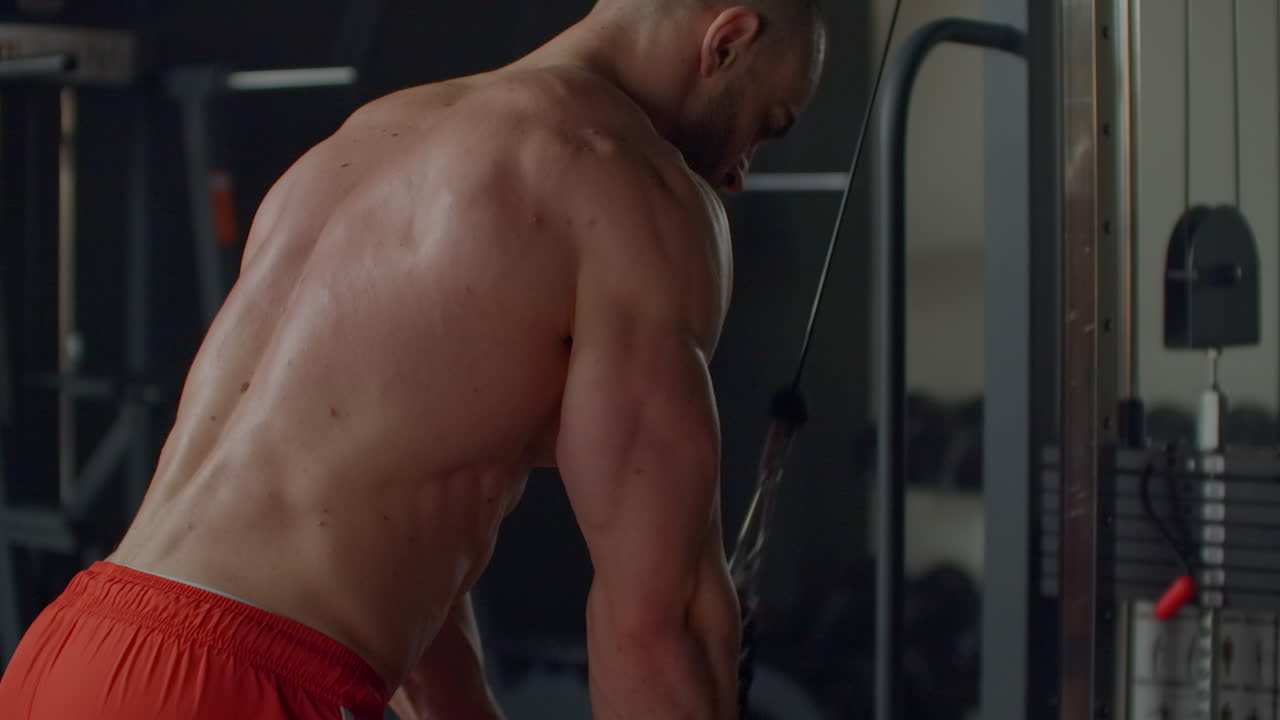 entrenamiento de gimnasio de culturismo deportivo. estilo de vida de entrenamiento de atleta. fitness de salud concepto de cuerpo fuerte. hombre haciendo brazos de tríceps. brazos de entrenamiento masculinos usando músculos de tríceples.