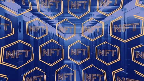 nft text on multiple hexagonal shape icons floating against computer server room