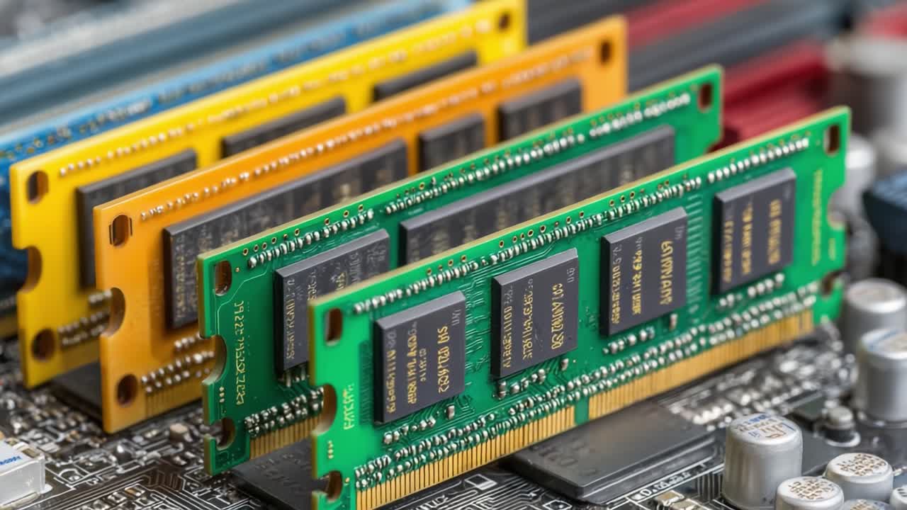 Close-Up View of Colorful Computer RAM Modules Displayed on a Motherboard, Showcasing Various Capacities and Shapes for Enhanced System Performance