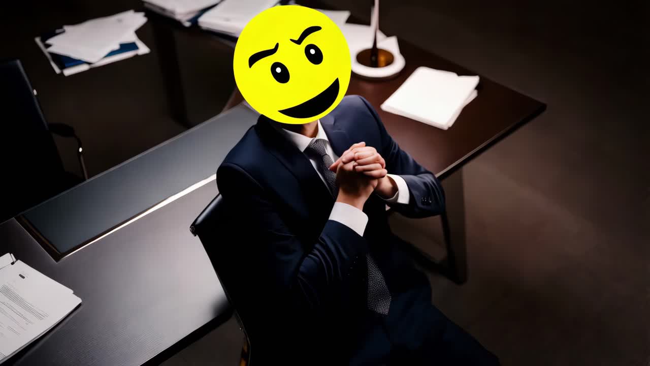 사무실에서 재는 얼굴의 이모지를 가진 사업가