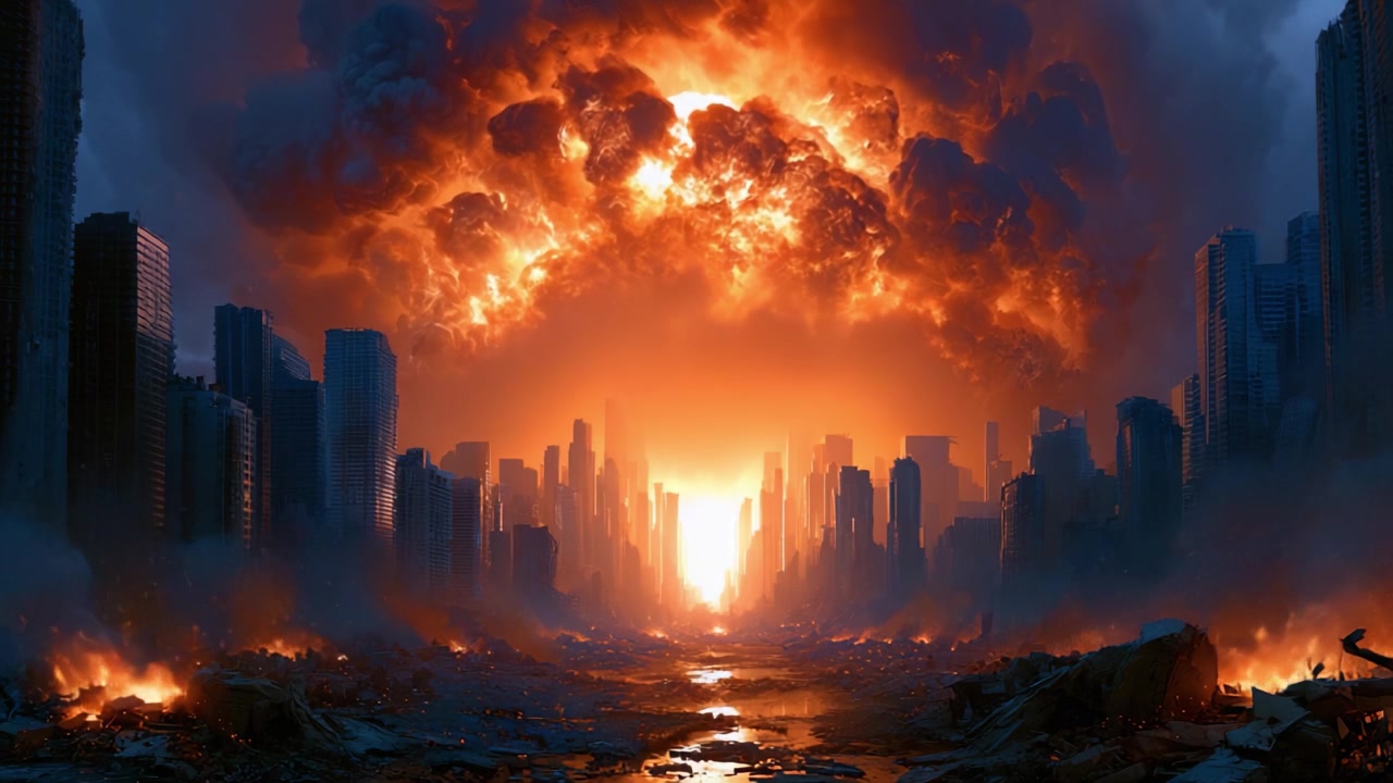A Dramatic Post-Apocalyptic Landscape Showcasing the Devastating Effects of an Explosive Event on a City Skyline Amidst Fiery Clouds and Ruined Structures
