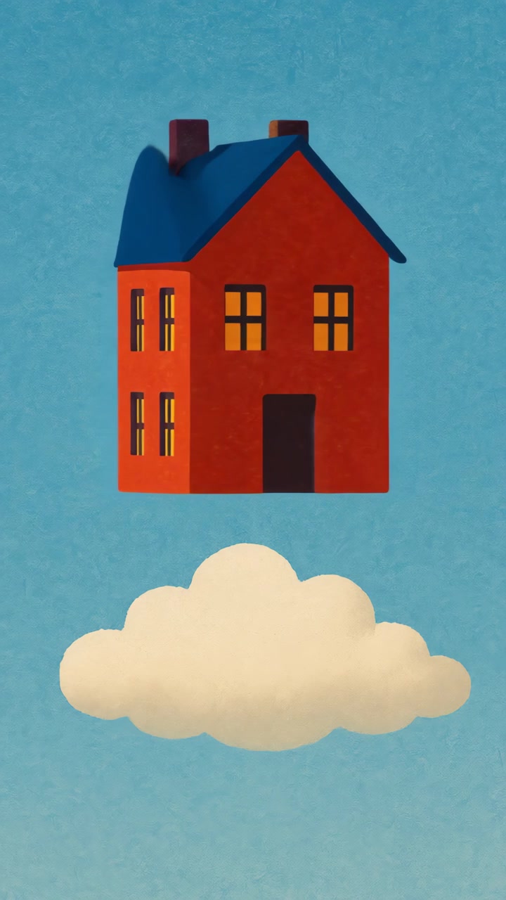 Casa Rossa Animata Che Fluttua Sopra Una Nuvola Nel Cielo Blu