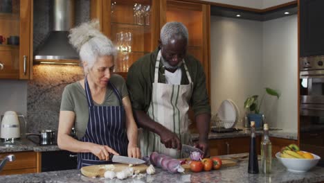 sick mixed race senior couple wearing aprons chopping vegetables together in the kitchen at home