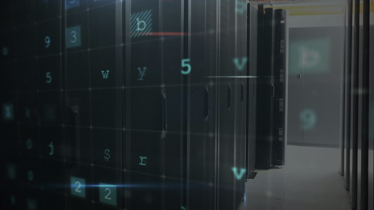 animación del procesamiento de datos de seguridad cibernética contra la sala de servidores de computadoras.
