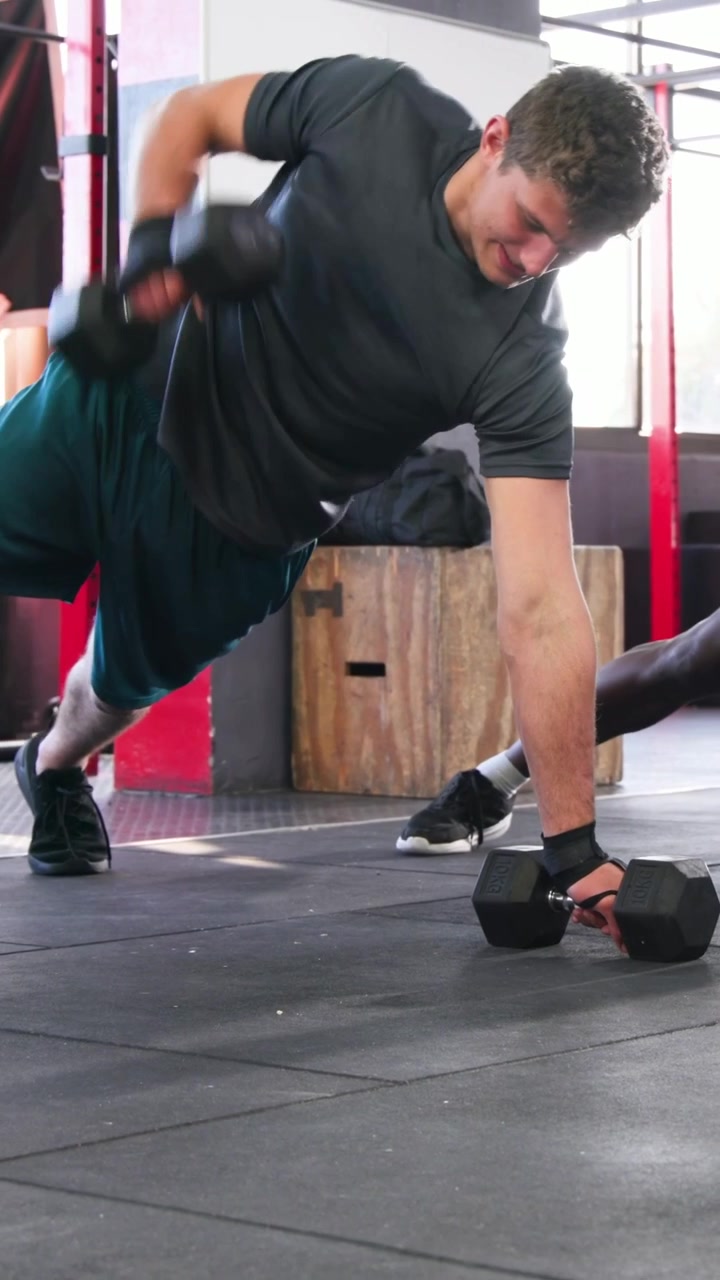 Video vertical: Hombre en posición de plancha en pantalones cortos haciendo remos con un solo brazo en el gimnasio con pesas hexagonales para el abdomen.
