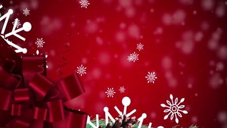 Animation-of-christmas-snow-falling-and-christmas-present-ribbon-on-red-background