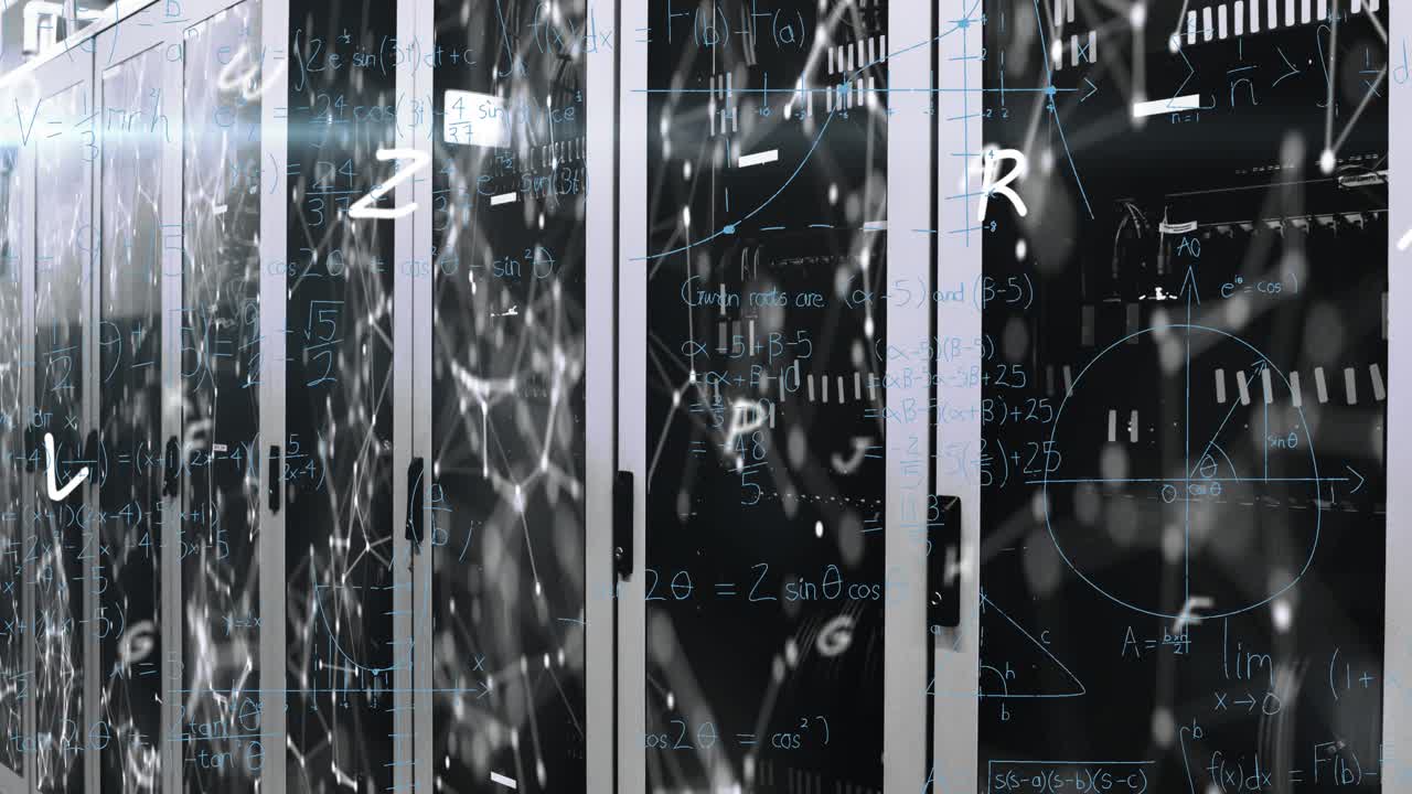 Animation of mathematical equations and letters over server room