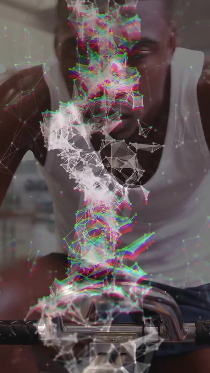 Video verticale: Uomo che si sposta in avanti sul manubrio mentre appare una sovrapposizione di realtà aumentata (AR), generando un focus sul fitness.