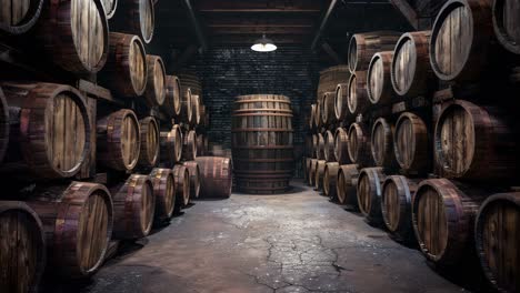 wooden barrels in a cellar