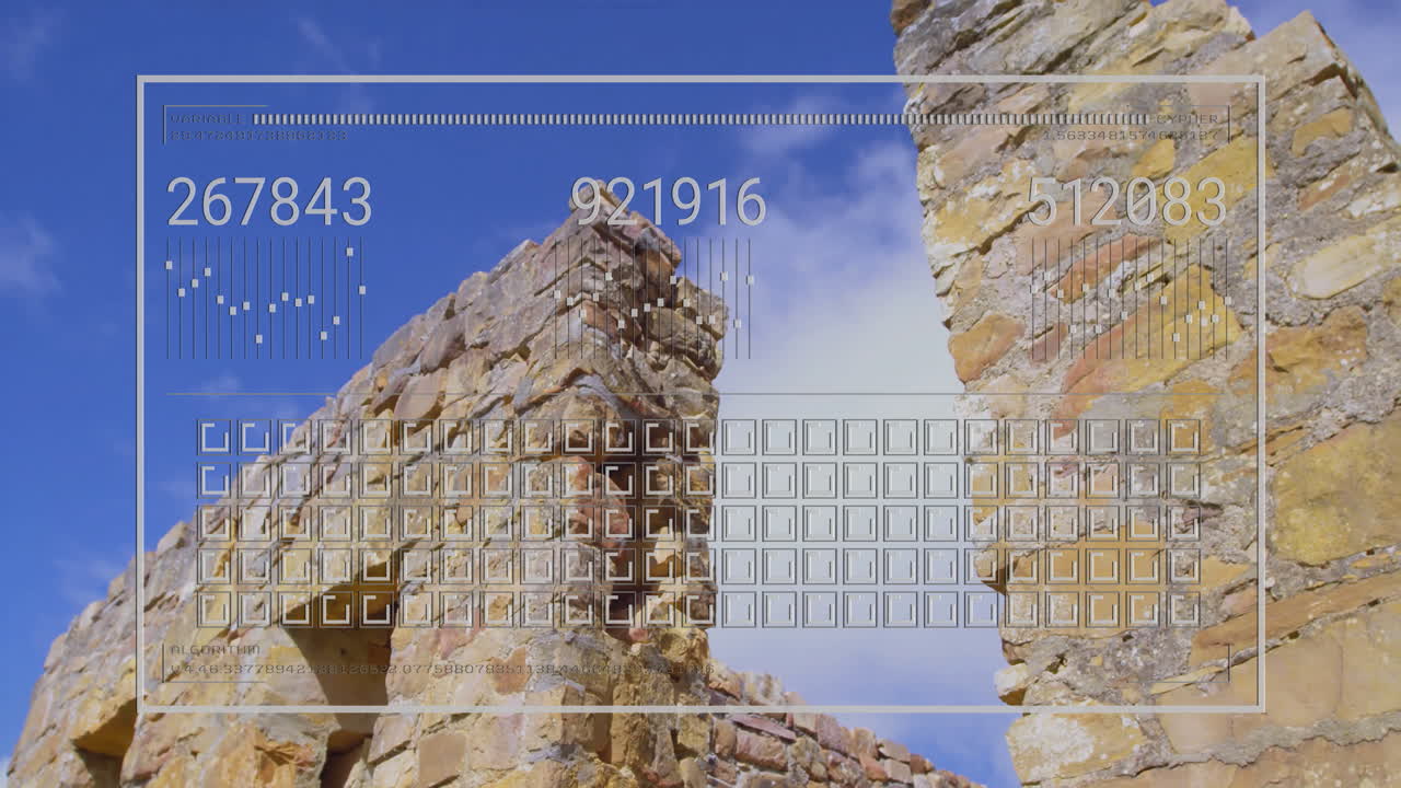 Digital data processing animation over ancient stone ruins and blue sky