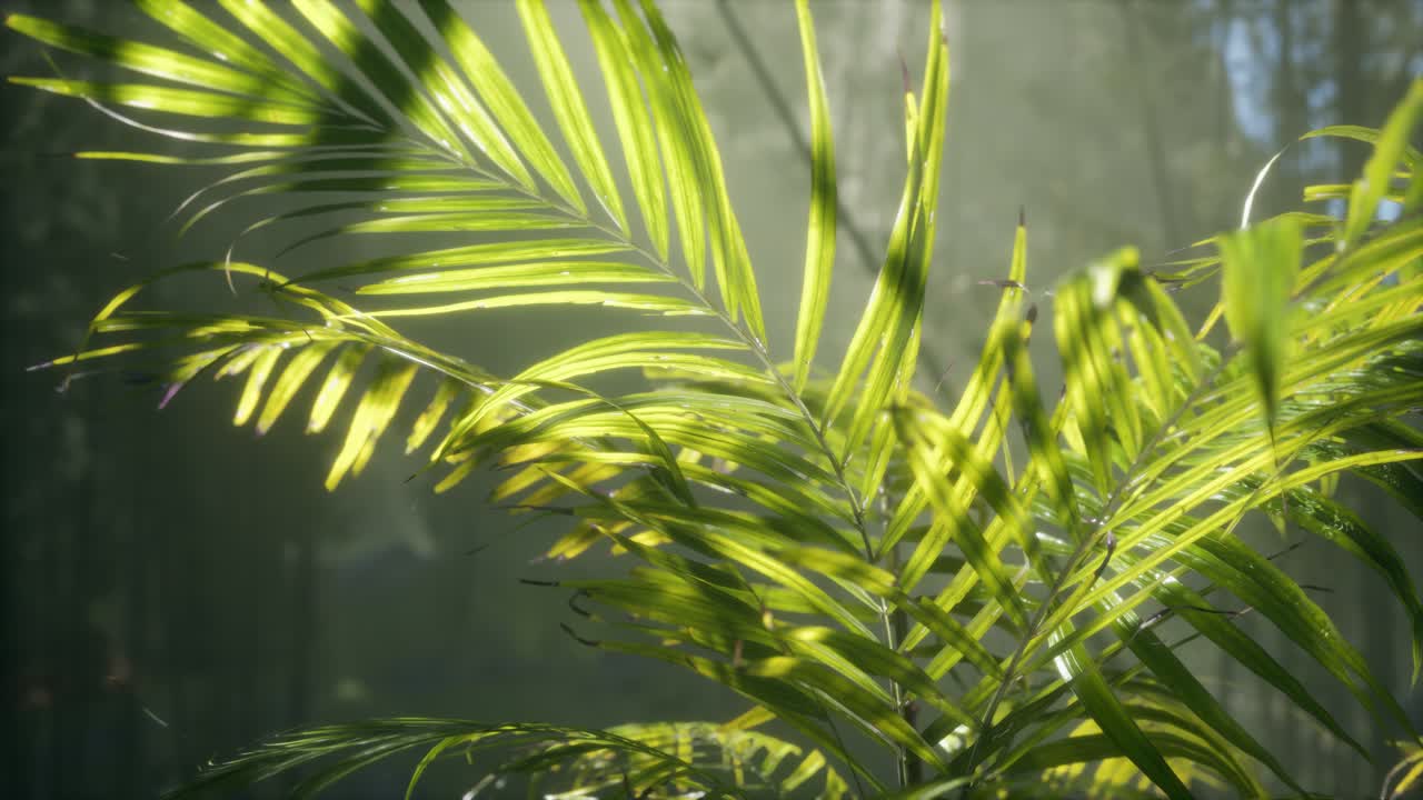 luz brillante brillando a través de la niebla húmeda y las hojas de la selva