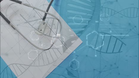 animation of dna strands and chemical structures over stethoscope and calendar