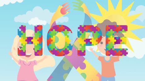 animation of colourful puzzle pieces forming ribbon and hope text over children and sky