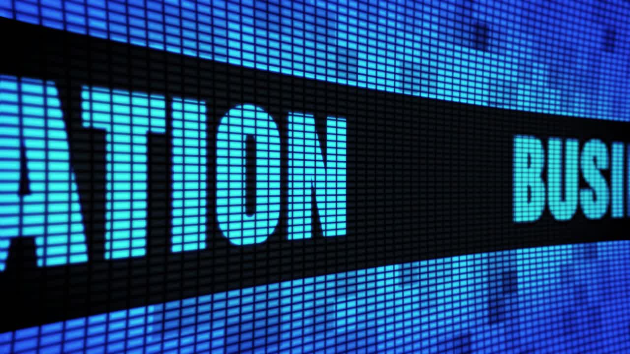 Business innovation side text scrolling on light blue digital led display board pixel light screen