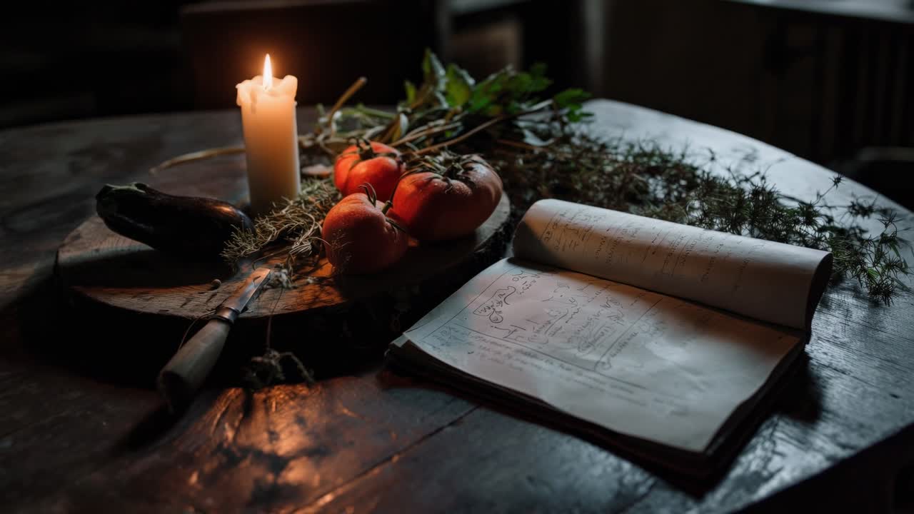 Tomatoes, eggplant, herbs, a knife, and an open cookbook rest on a wooden table illuminated by a burning candle, creating a cozy and rustic atmosphere for meal preparation