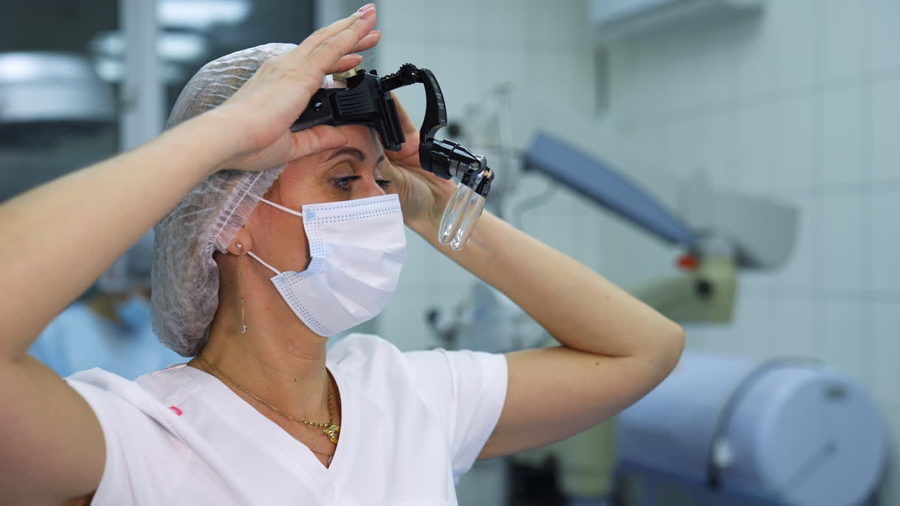 Surgeon preparing operation on eyes. Treatment of cataract by surgical method