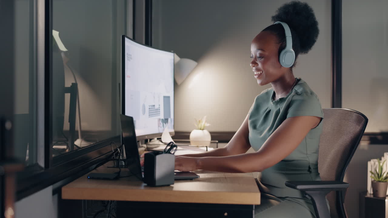 Stress, headache and black woman with headphones