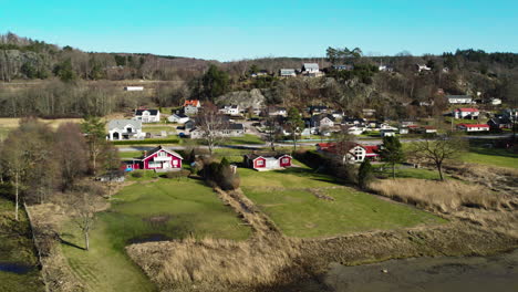 Nordic-Village-in-Western-Sweden,-Aerial