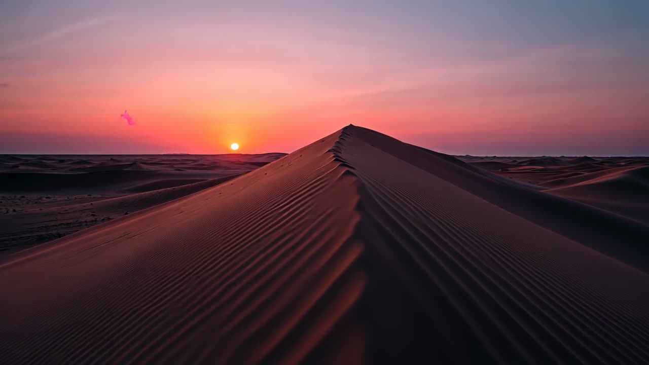 Tracking sand dune ridge slowly moving forward along crest as low sun revealing ripples, cloud