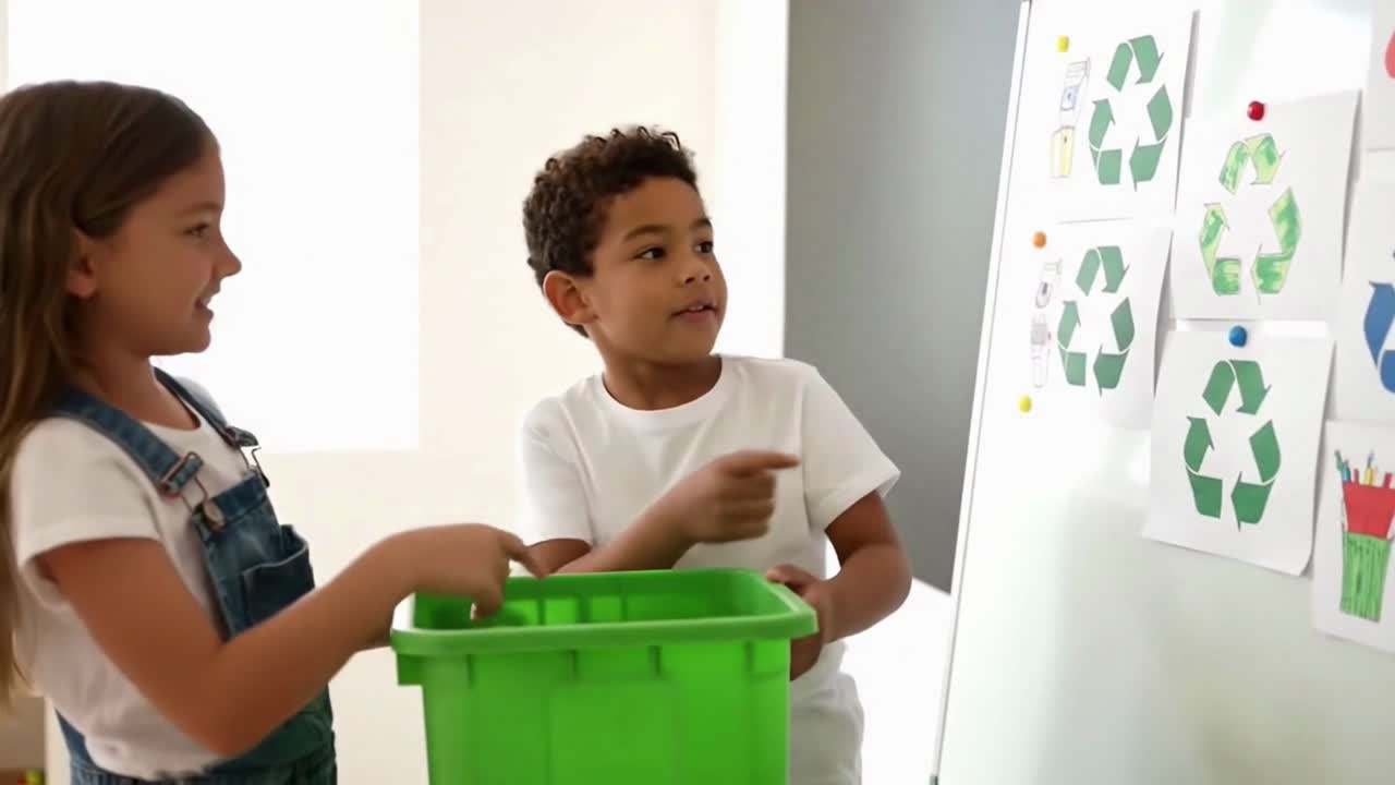 Two children are pointing at a green trash can