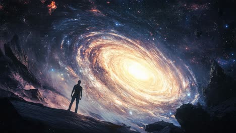 man standing on a cliff looking at a spiral galaxy