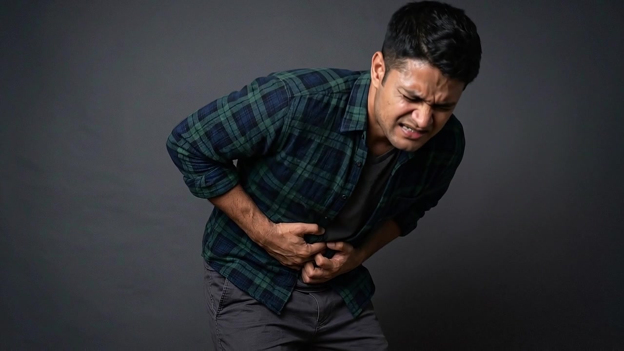 Man Clenching His Stomach in Severe Pain From Abdominal Cramps or Indigestion
