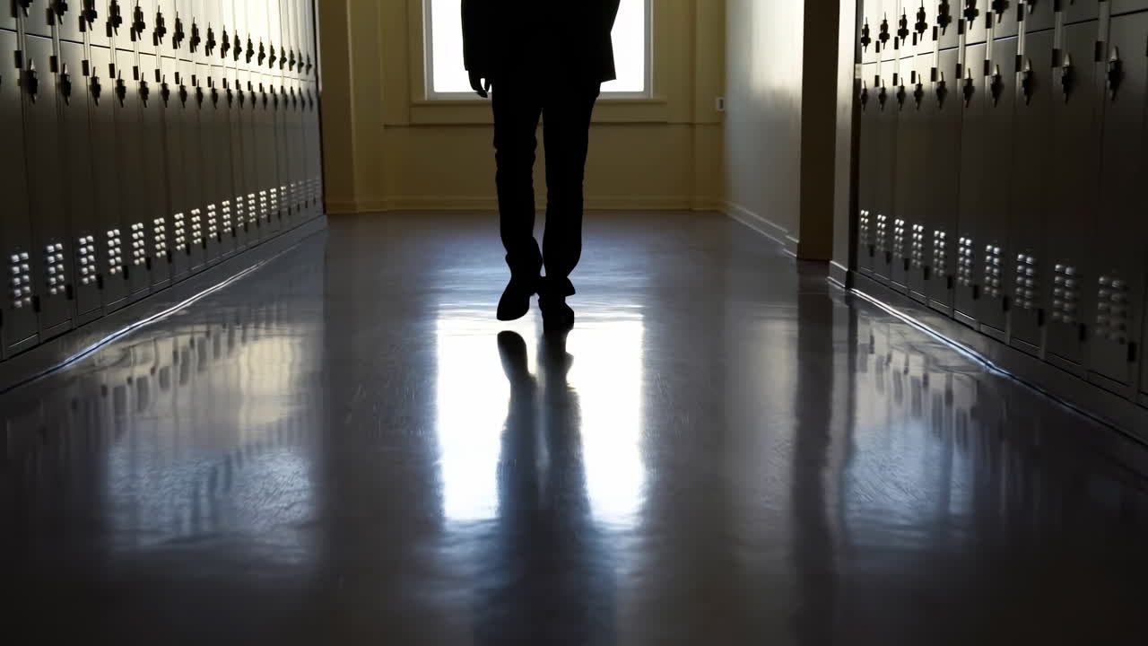 Silhouette di uno studente che cammina lungo un corridoio fiancheggiato da armadietti, figura retroilluminata riflessa sul pavimento lucido.