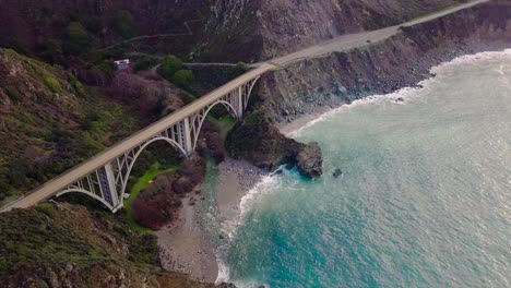 aerial shot of bixby creek bridge in big sur on state route 1 in california