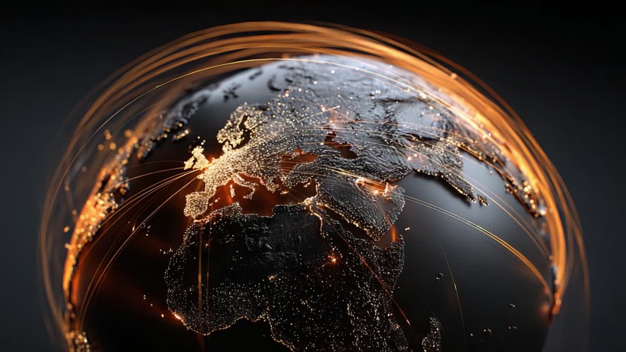 A Stunning Visualization of Earth with Illuminated Cities and Dynamic Connectivity Lines Depicting Global Interactions in a Dark Background Environment