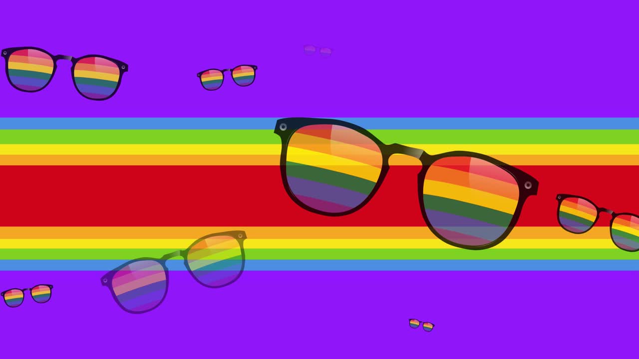 animación de la bandera del arco iris y las gafas sobre un fondo púrpura