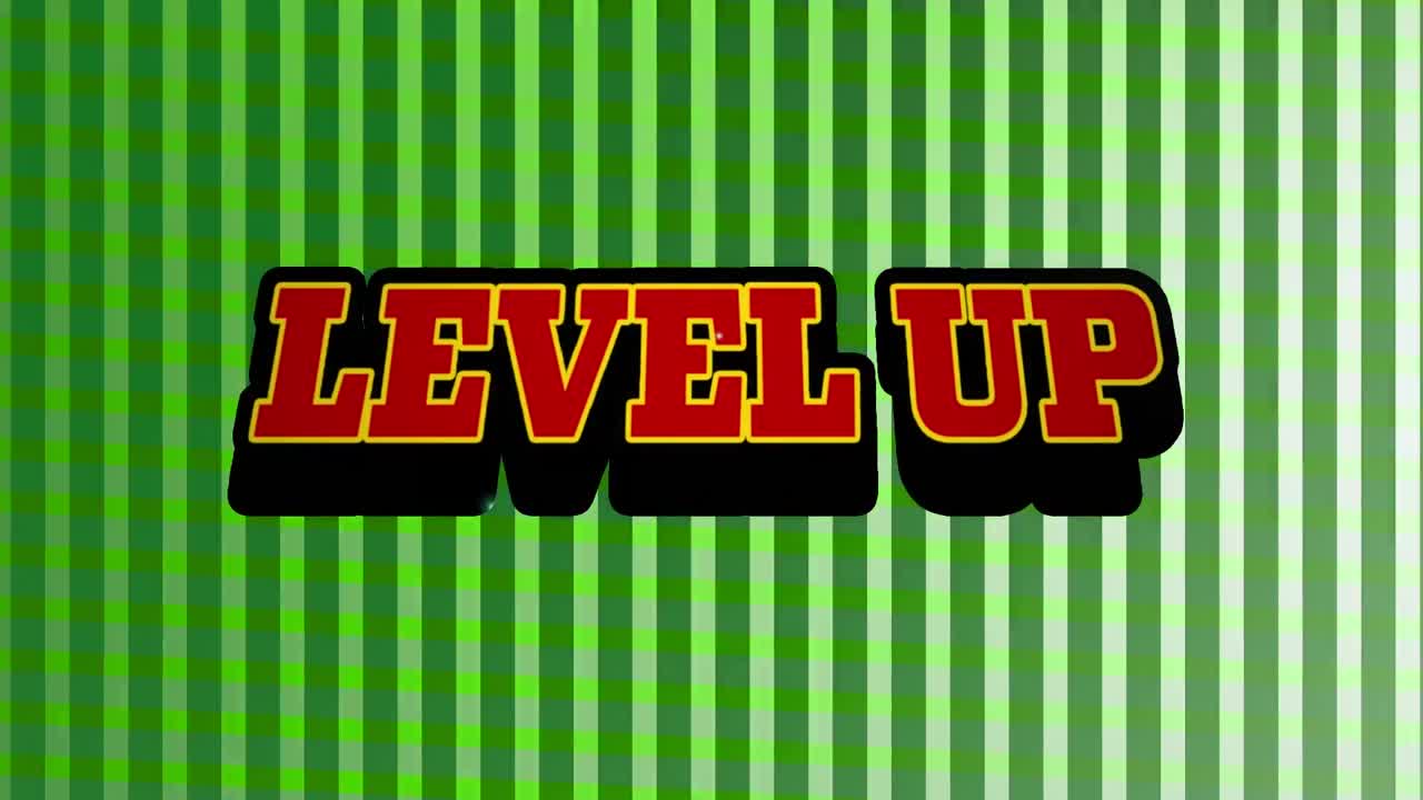 Animation of level up text over stripes on green background