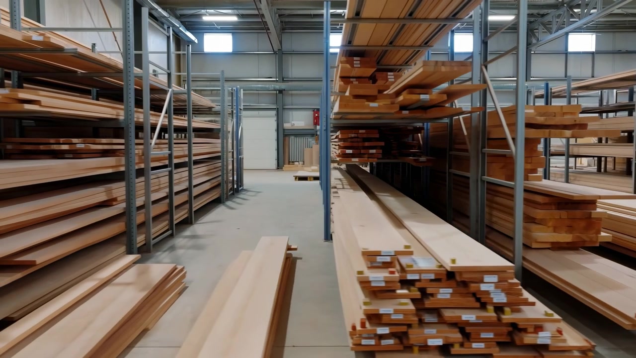Corridoio di magazzino con assi di legno impilate e pezzi di legname mentre il punto di vista avanza tra gli scaffali, rivelando file di stoccaggio ordinate, texture di legno naturale, illuminazione dall'alto e interni spaziosi