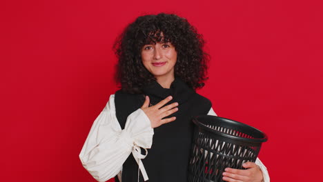 Woman-taking-off,-throwing-out-glasses-into-bin-after-medical-vision-laser-treatment-therapy-surgery