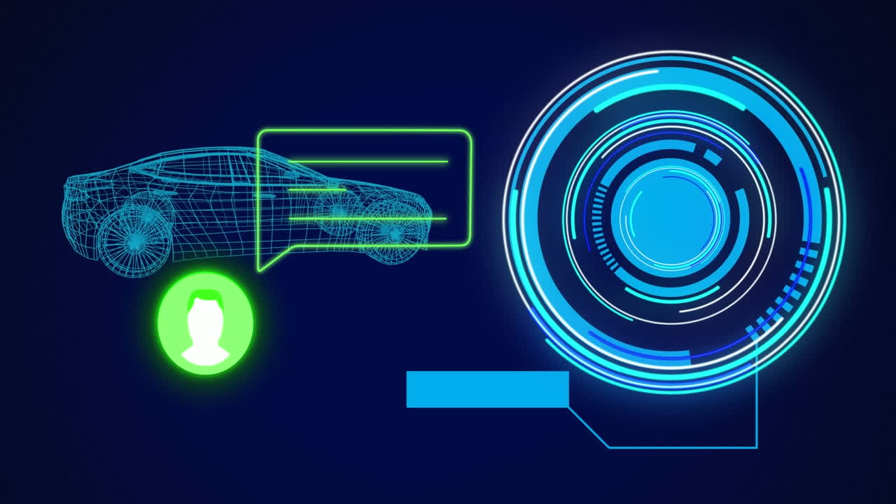 animación del perfil y el icono del mensaje sobre el escáner redondo y el modelo de coche 3d contra un fondo azul.