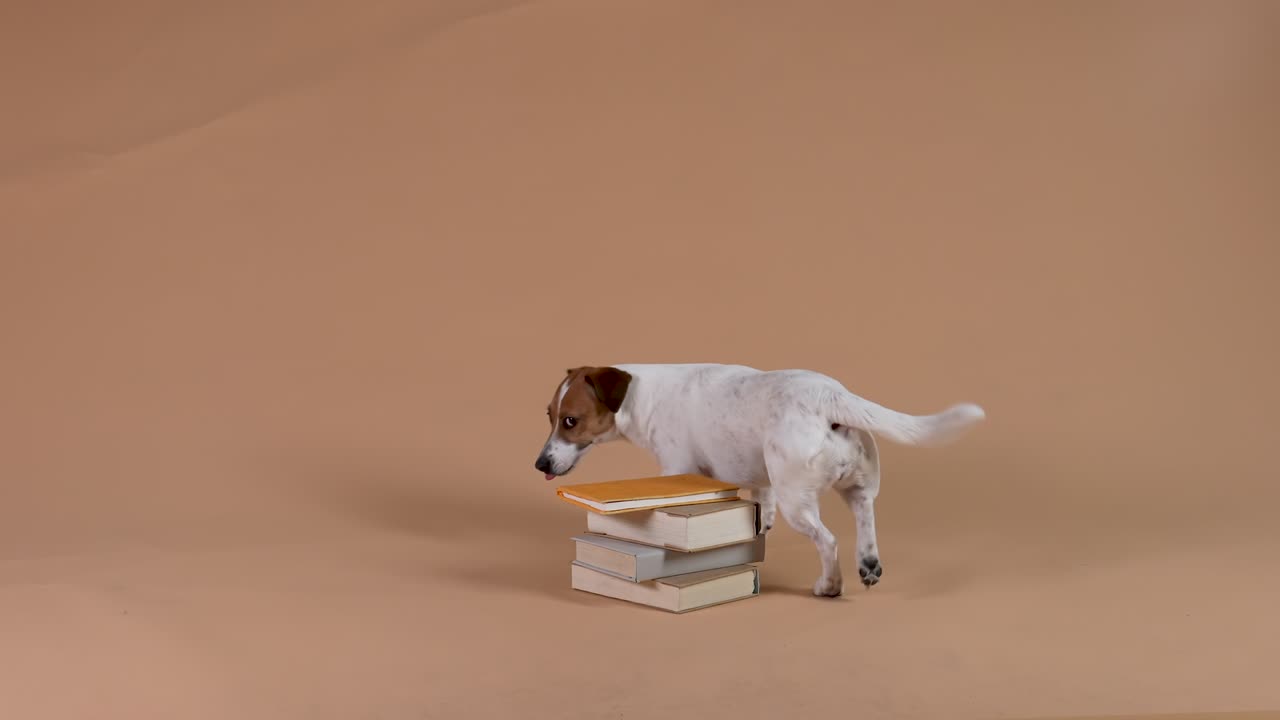 잭 러셀은 갈색 배경의 스튜디오에서 개가 책 어리까지 걸어가서 원을 돌고, 앞 발을 어리에 고, 점프하고 떠난다.