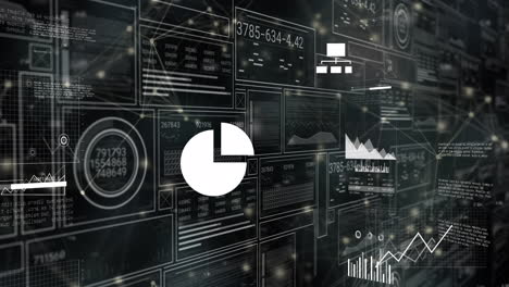 Animation of data processing and network of connections on black background