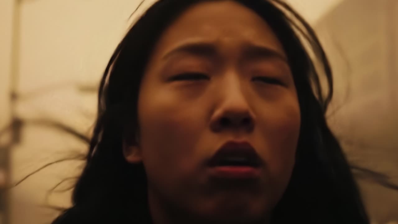 A Woman Navigates Through a Hazy Urban Landscape Under Ominous Conditions, Expressing Anxiety and Concern Amidst Surrounding Uncertainty and Deteriorating Environment