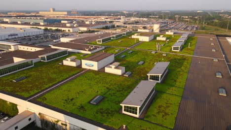 aerial approaching shot of dpt final assembly facility at ford rouge complex during golden hour