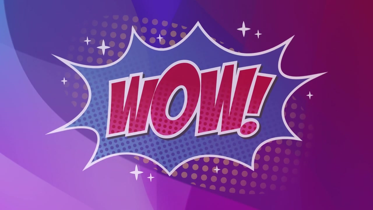 Animation of wow text in speech bubble and dots over gradient background