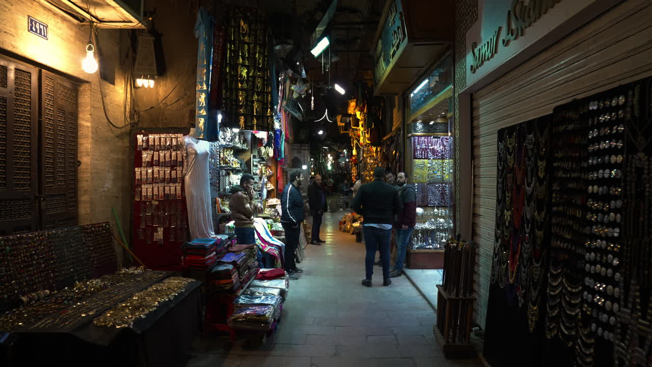 Walking Through Khan el-Khalili Bazaar At Night In Cairo, Egypt - handheld shot