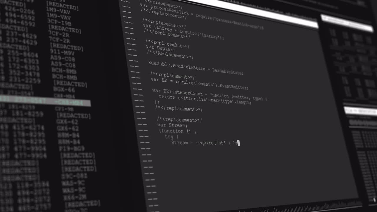 Animation of data processing on grey computer screens