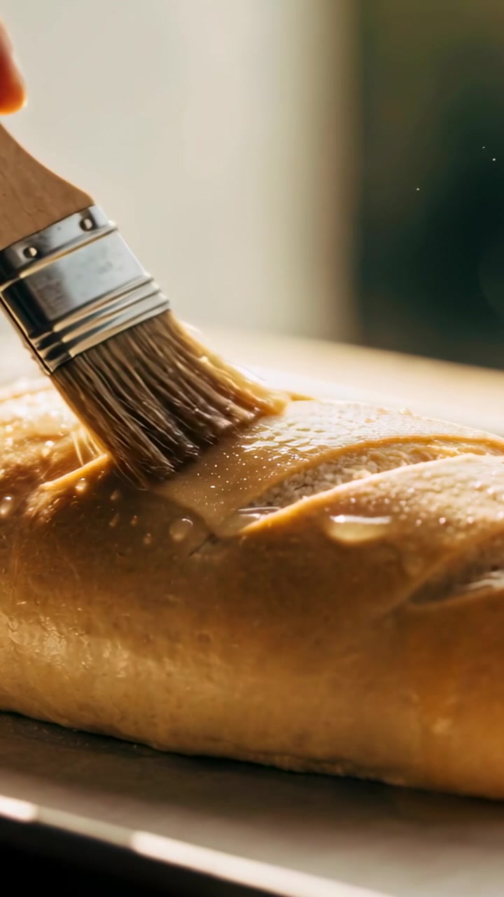 Vertical video: Hand with pastry brush touching score and spreading wash on loaf at home for shine