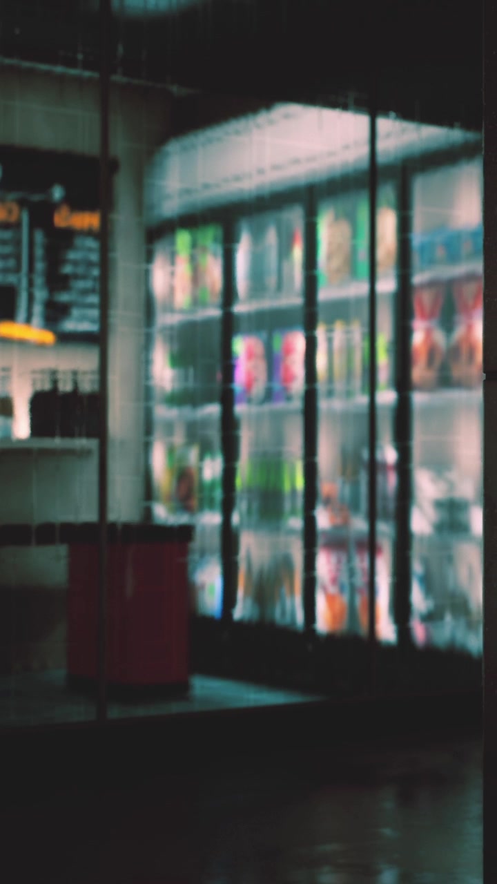 Caffetteria di notte con bevande in un espositore refrigerato.