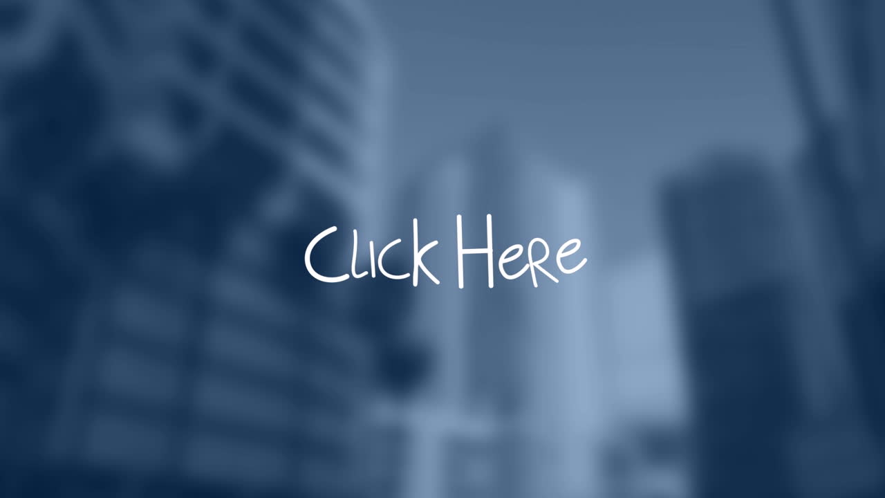 Animation of click here text over cityscape